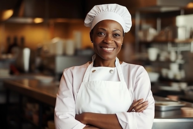African middle aged female chef in a chef's hat with arms crossed wears apron standing in restaurant kitchen and smiling