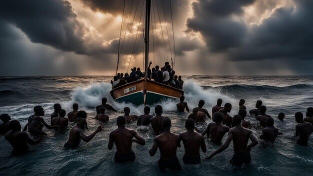 african migrants lost in a dangerous storm in mediterranean sea dreaming of european future