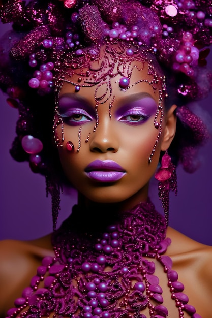 African model wearing beautiful purple and ruby makeup with garnet amethyst jewelry and earrings