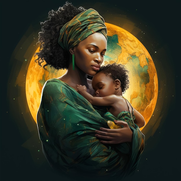 アリアルグレーの背景のキーコンセプトで輝く赤ちゃんを抱いたアフリカの母親