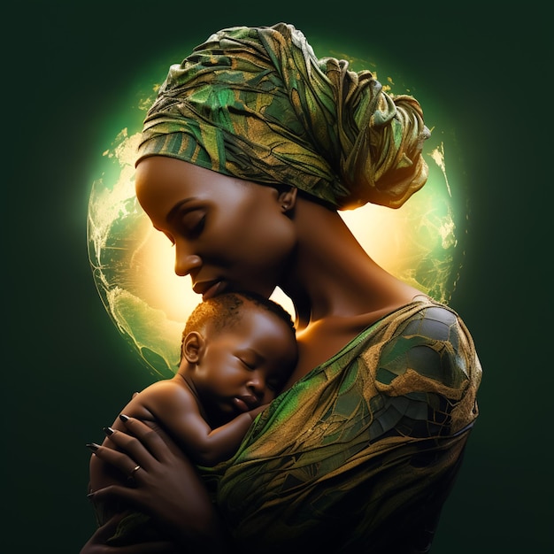 african mother with baby in her arms luminous with key concept on arial gray background