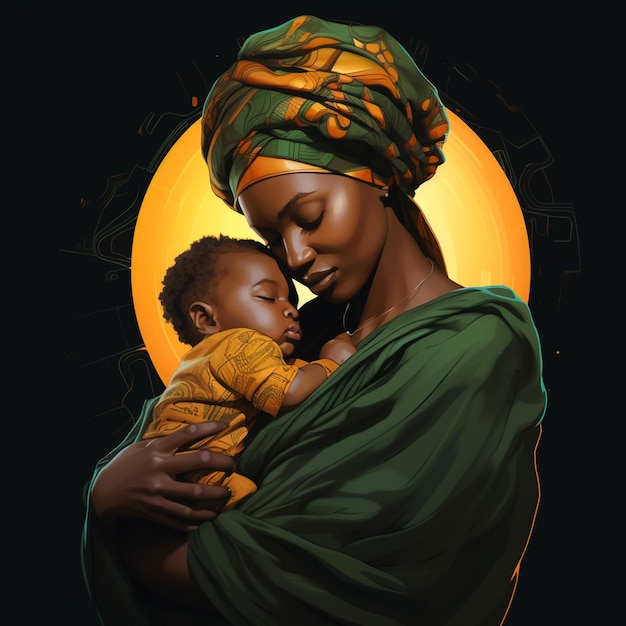 아리얼 회색 배경에 핵심 개념과 함께 그녀의 팔에 아기를 가진 아프리카 어머니