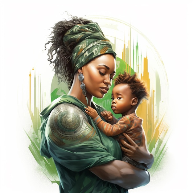 african mother with baby in her arms luminous with key concept on arial gray background