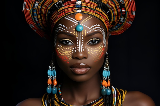 African Motifs Beautiful african american woman in ethnic attire Drawing on the face Portraits Black history month