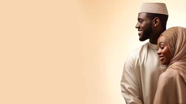 Photo african muslim couples portrait with plenty copy space in a light peach backdrop generative ai