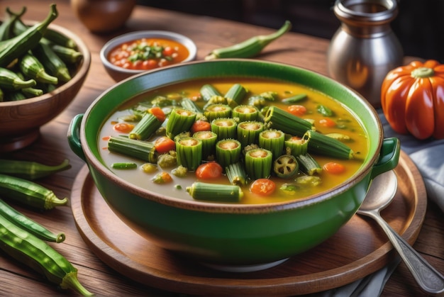 African Okra Soup Presented on a Rustic Wooden Table