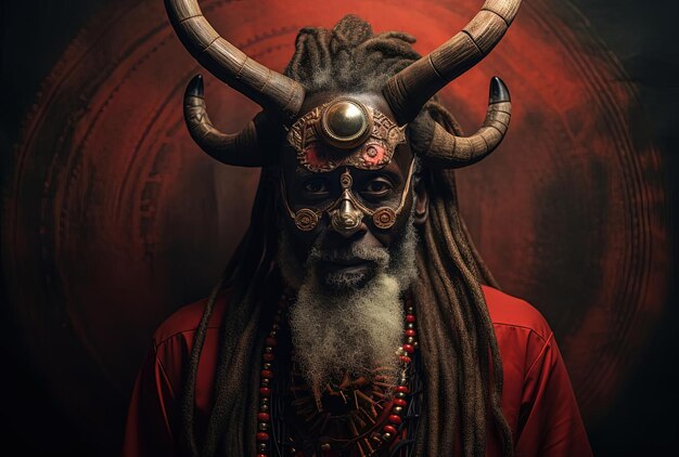 Photo an african old man with horns in his hair in the style of mystic mechanisms