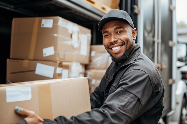 african parcel delivery man working bokeh style background