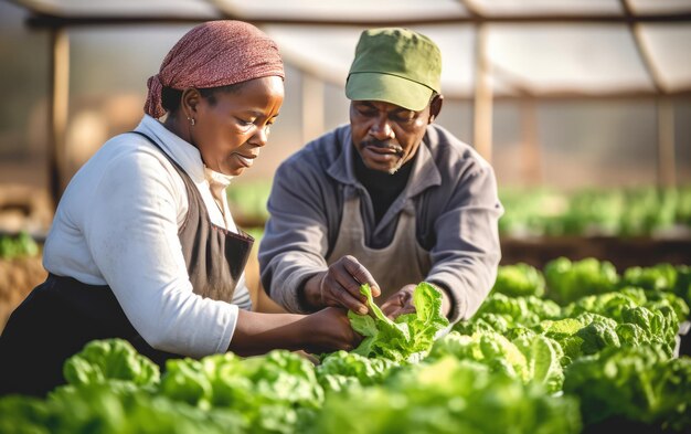 African people planting plants in greenhouse