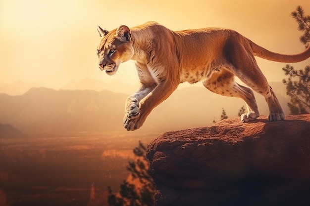 African puma cougar in the wild in an aggressive predatory leap at sunset AI generated Closeup of