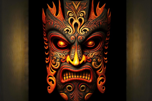 African ritual tiki mask with glowing eyes on black background