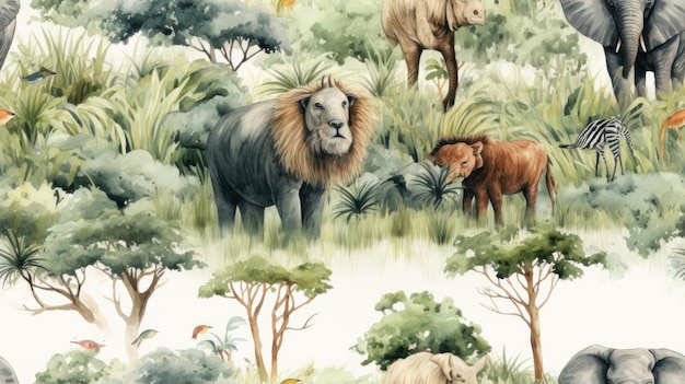 African Safari Animals Watercolor Seamless Pattern AI Generated