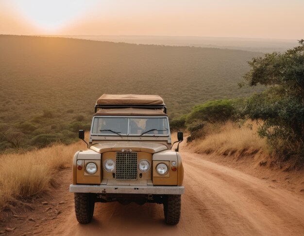 African Safari Wildlife with an old landrover parked on a hillside