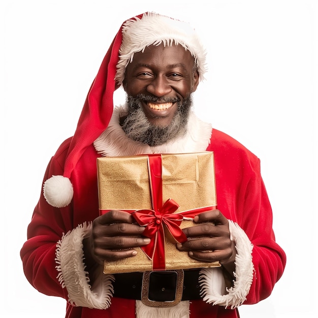 An african Santa Claus holding giant gift box with smile isolated on white background