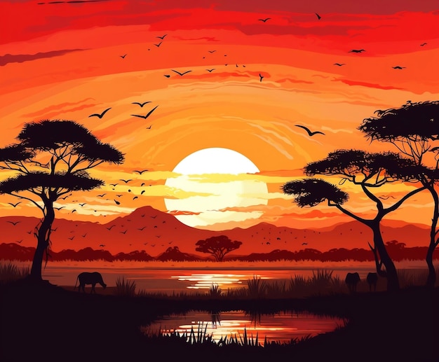 Величественный пейзаж африканской саванны на закате с искусственным интеллектом, генерирующим солнце