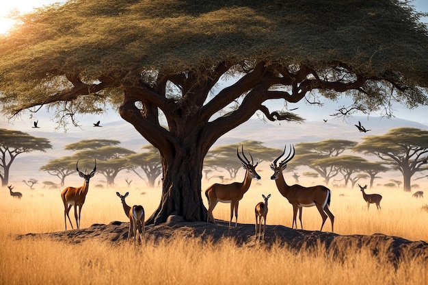 African savanna wildlife with impalas and birds Serene scene of impalas and birds in their natural h