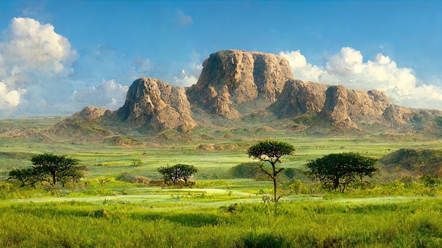 African savannah landscape wild nature background with green\
tree rocks and plain grassland field