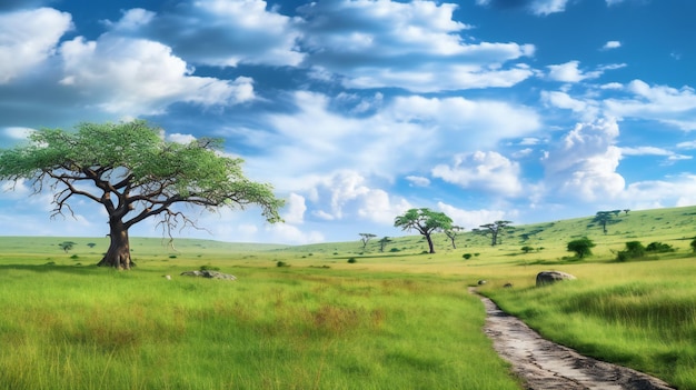 African savannah landscape with acacia tree and blue sky with clouds