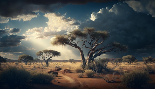 アカシアの木と砂丘のあるアフリカのサバンナの風景 ジェネレーティブ AI