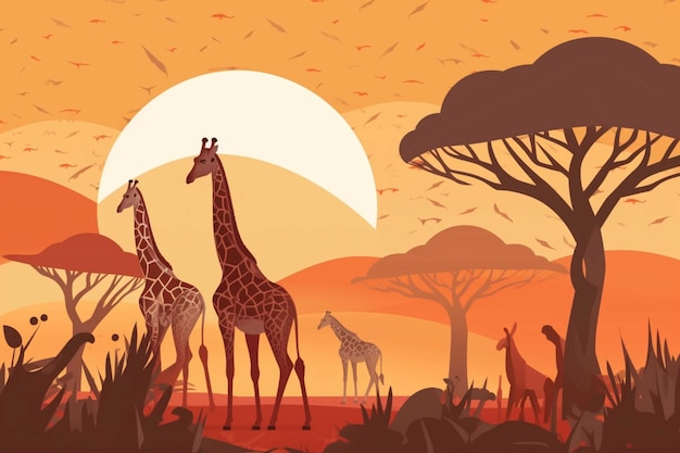 African savannah landscape with giraffes and trees Vector illustration