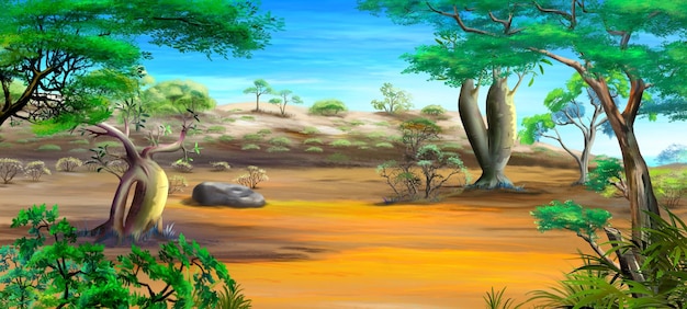 Африканский пейзаж саванны с деревьями