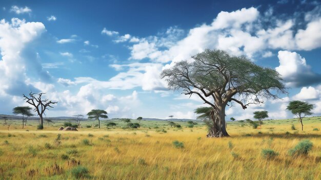 バオバブの木と青い空を持つアフリカのサバンナのパノラマ