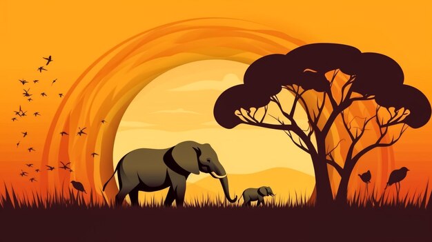 African savannah sunset landscape scenery silhouettes of trees sun safari animals and birds vector background with wild nature of africa evening scene with orange sky setting sun and