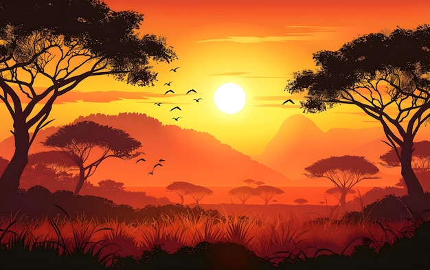 African savannah with rhinoceros at sunset vector illustration