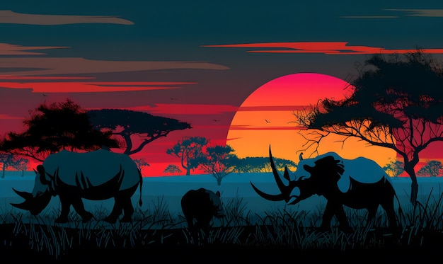 African savannah with rhinoceros at sunset vector illustration