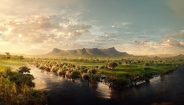 African savannah with river trees at sunset green grass and mountains on the horizon