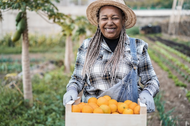新鮮な有機オレンジが入った木箱を持つアフリカのシニア農家の女性