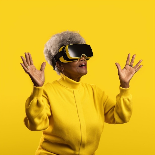 African senior woman wearing VR glasses Created with Generative AI technology