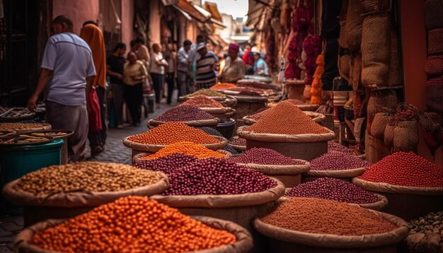 Photo african spice vendor selling vibrant multi colored spices in medina district generated by ai