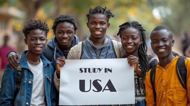 African Students Holding Study in USA Sign Outdoors