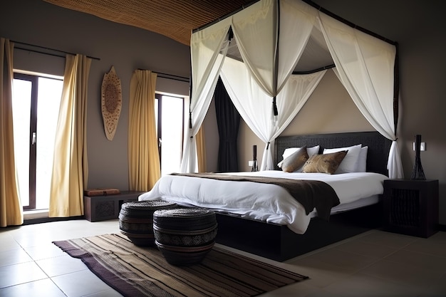 Photo african style bedroom interior with modern bed generative ai content