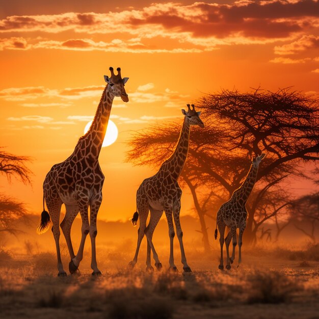 Foto giraffe africane al tramonto che vagano graziosamente nella savana