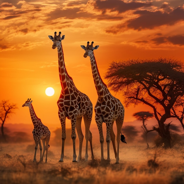 Foto giraffe africane al tramonto che vagano graziosamente nella savana