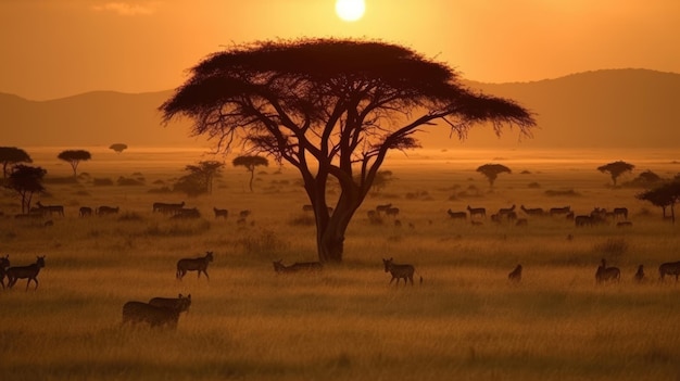 Foto il tramonto africano con gli alberi di acacia e la fauna selvatica che pascola nella savana