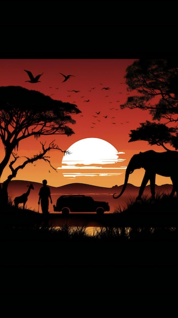 Photo african sunset with elephants and trees