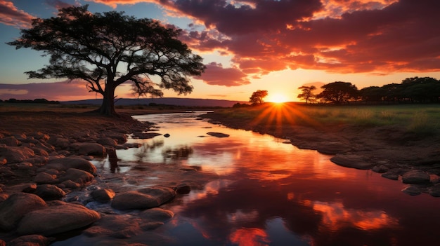 木のシルエットを持つアフリカの夕日