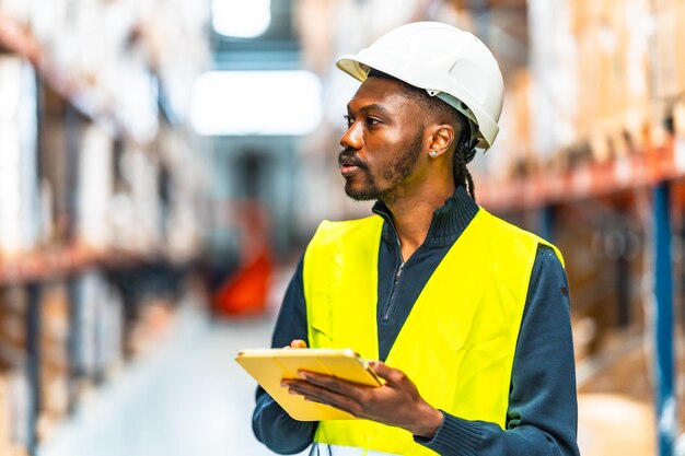 african supervisor using a tablet working in a logistics warehouse