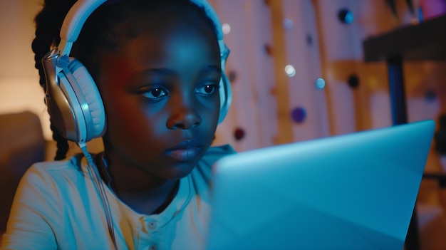 African teen girl wearing headphones study with internet chat skype teacher prepare Generative AI