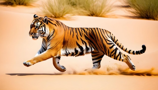 African tiger running speedy in desert