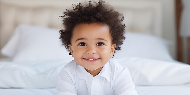 African toddler smiling while sitting on bed indoors