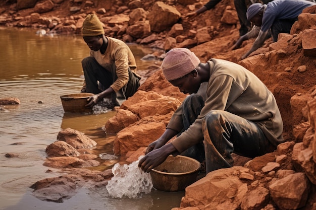 African traditional workers washing diamonds in a quarry