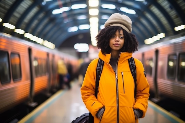 An African traveler in yellow jacket and with backpack stands against background of railway station