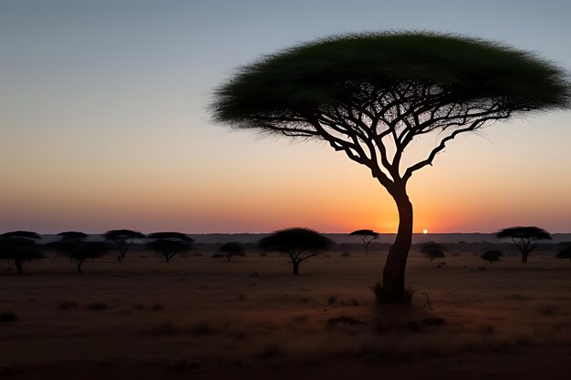 写真 アフリカの木の夕暮れの景色