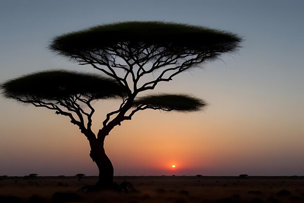 写真 アフリカの木の夕暮れの景色