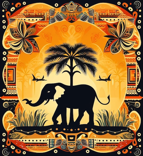 африканский племенный дизайн с изображением слонов, пальмовых деревьев и других вещей