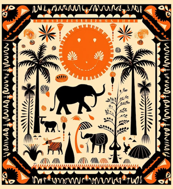 african tribal pattern in ivory colors with elephants and palm leaves in the style of orange